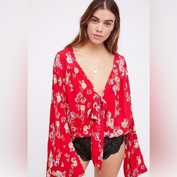 Free People Forties Feels Bodysuit Size Large Floral Red Bell Sleeve Lace Boho - Picture 1 of 9